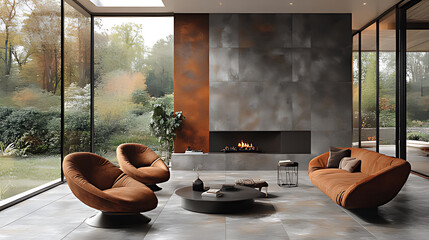 Modern living room with fireplace, autumnal garden view, metal wall tiles, interior design