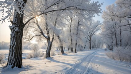 Obraz premium Magical Winter Wonderland with Frosted Trees and Soft Sunlight
