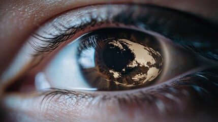 Naklejka premium Close Up of a Brown Eye with World Reflection