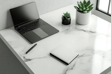 Minimalist Office Desk: A clean, modern workspace with a laptop, a sleek notebook, a stylish pen, and a potted succulent on a marble or white surface.  i