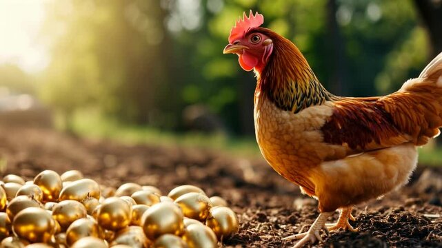 Chicken standing near golden eggs on farm soil. Agriculture and wealth background