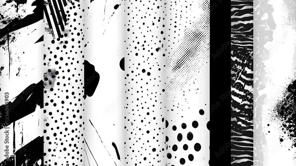Poster A dramatic and abstract monochrome background with an overlapping composition of geometric shapes polka dot patterns and fluid ink splashes