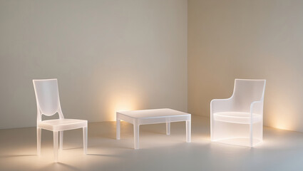 Stylish transparent chairs and table illuminated in a minimalist indoor space showcasing modern furniture design