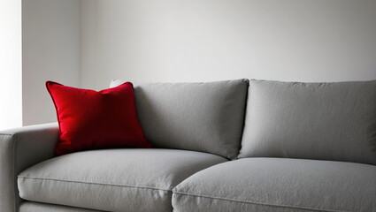 Grey couch with a red pillow placed in a minimalist living room during daylight hours