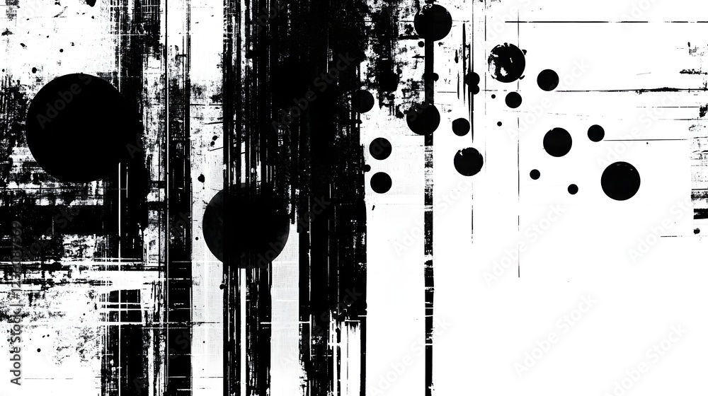 Poster A dramatic high contrast abstract grunge texture with chaotic paint splatter droplets and blots over a monochrome overlay pattern creating an experimental industrial and contemporary design