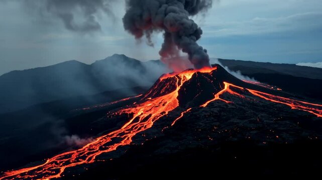 Active volcano eruption with lava flows. Natural phenomena and geology