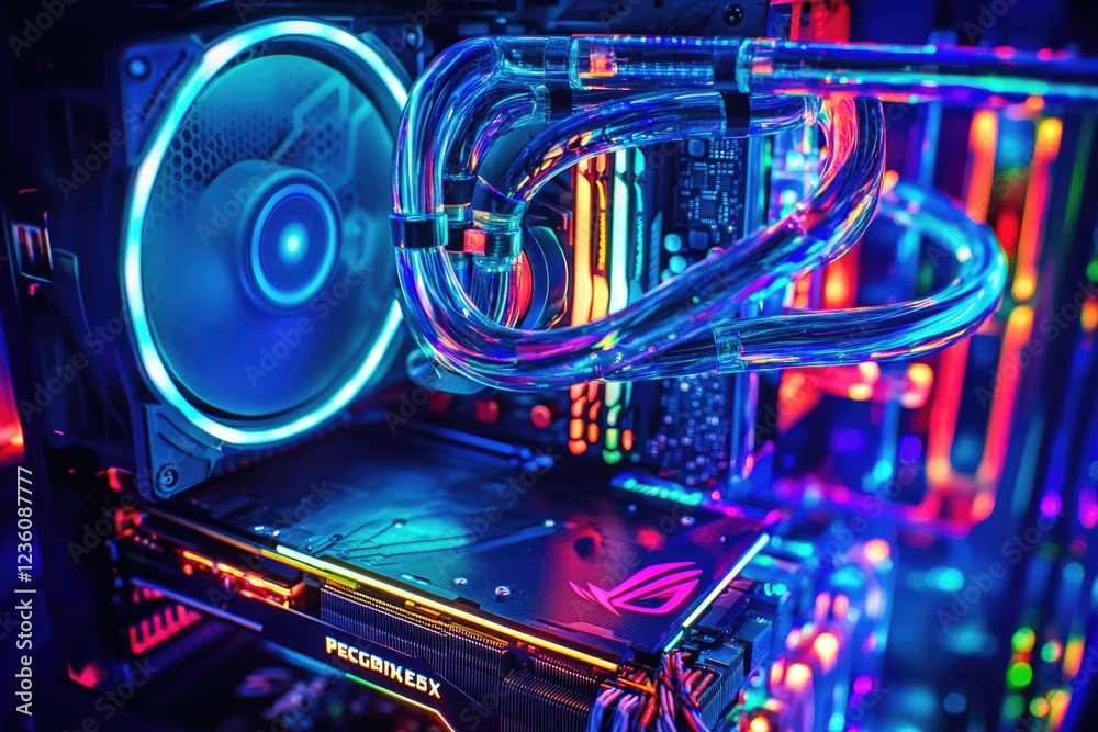 Poster a close-up shot of a computer case featuring vibrant neon lights