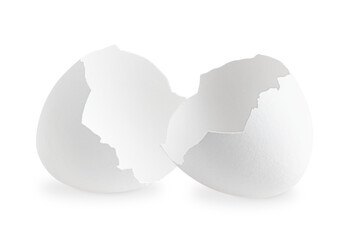 Two halves of broken empty natural eggshell of chicken or hen isolated on white background is outer...