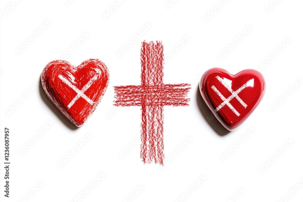 Poster a pair of red hearts with a cross drawn on them, suitable for romantic or symbolic use