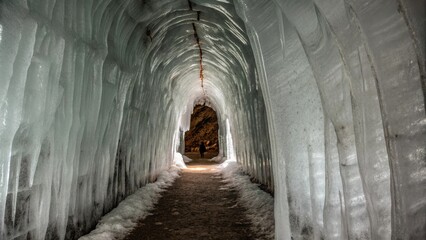 Naklejka premium Majestic Ice Cathedral with Translucent Pillars and Frozen Arches in Winter Light
