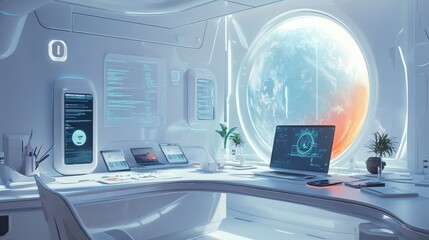 Futuristic workspace with advanced technology and space view