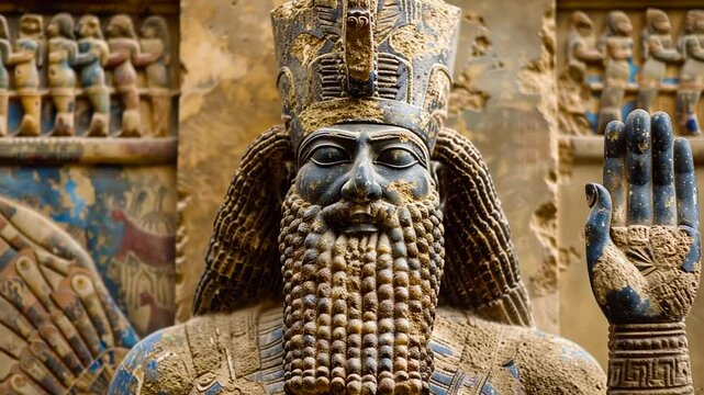 Ancient Mesopotamian stone carving of a bearded deity with intricate details, symbolizing mythology and history