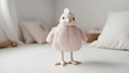 Soft plush bird toy stands on a cozy white surface in a minimalistic interior with soft textiles and calming atmosphere