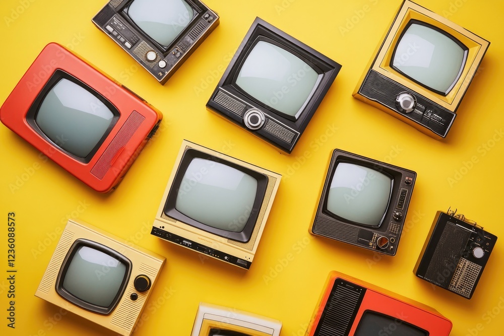 Poster a collection of tvs stacked on a bright yellow surface, perfect for a futuristic or tech-themed conc