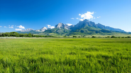 Fototapeta premium Lush green meadow stretches towards a majestic rocky mountain range under a clear blue sky.