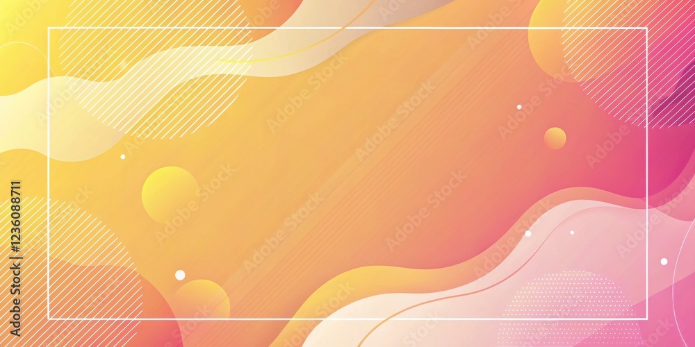 Poster abstract gradient background with a white border featuring orange and pink flowing shapes, white dot