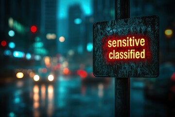 Sign warning of sensitive classified information in a cyber threat environment at night