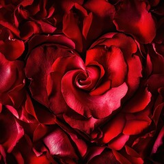 Naklejka premium Close-Up of a Heart Shape Formed by Two Red Rose Petals Among Scattered Rose Petals, Highlighting Love and Romance