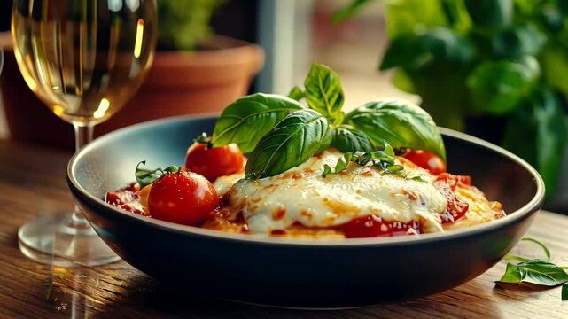 A fresh Caprese-style pizza garnished with basil sits alongside a glass of white wine, perfect for Italian cuisine themes and festive gatherings