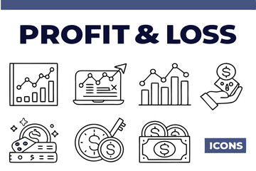  set of 33 black and white line icons representing various concepts related to profit and loss, arranged in  a white background. The icons include financial graphs, charts, and symbols, as well as ima