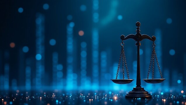 Digital scales of justice  cybersecurity concept  glowing blue particles  futuristic legal technology
