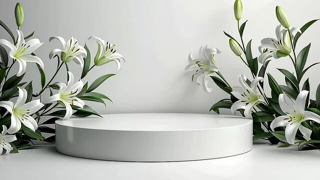 White lilies elegantly surround a minimalistic circular pedestal, perfect for Easter and wedding themes