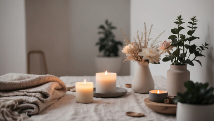 Relaxing atmosphere created by lit candles and fresh flowers in a cozy indoor setting