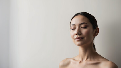 Obraz premium Woman in peaceful meditation with closed eyes against a soft background in a serene indoor setting
