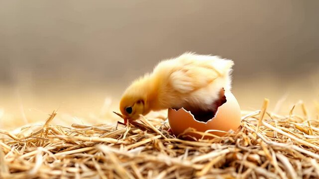 Baby chick hatching from egg on straw. Nature and farm life themes