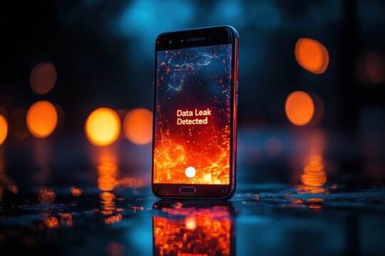 Data leak detected on smartphone amid vibrant twilight reflections indicating cybersecurity breach