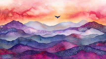 Watercolor sunset, bird flying over purple mountains, calming landscape art print