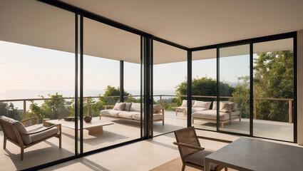 Obraz premium Modern living space with panoramic views of nature and minimalist design
