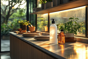 Sunlit kitchen counter with plants and bottles in modern home