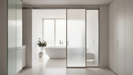 Fototapeta premium Modern bathroom design featuring a freestanding tub and sliding glass doors in a minimalist interior space