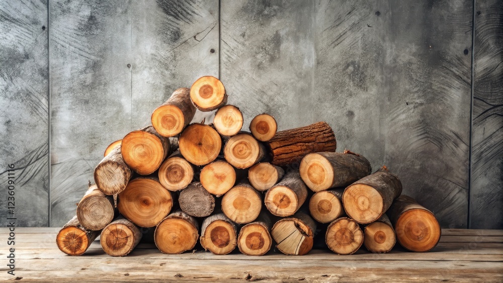 Poster a stack of firewood logs arranged in a pyramid shape against a weathered gray wall