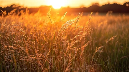 Golden sunset illuminating tall grass field; peaceful rural landscape. Use nature background, desktop wallpaper