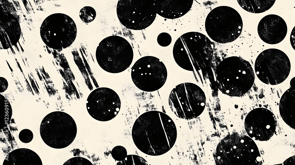 Fototapete A striking abstract monochromatic background featuring bold geometric circle patterns with dynamic splatter blots and brush stroke textures