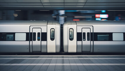 Obraz premium Silver train cars at a modern station showcasing urban transportation in a bustling city