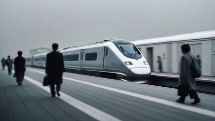 Train arrives at a modern station with commuters walking in a foggy atmosphere during the early morning hours