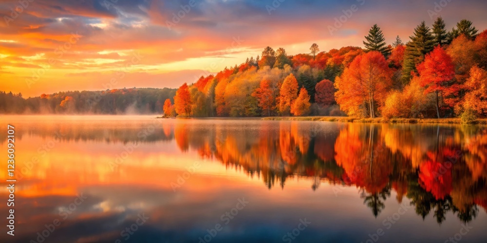 Poster a serene lake reflecting the fiery hues of autumn foliage, with a soft mist hovering above the tranq