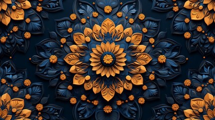 Elegant gold and navy floral relief design with intricate ornamental detail, perfect for luxury or classic themes.