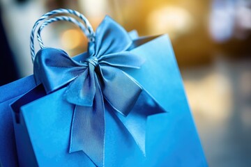 A small blue gift bag tied with a matching blue ribbon, ideal for wrapping small presents or as a decorative item