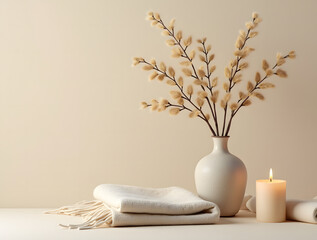 Cozy Ambience: Dried Twig Arrangement in a Pottery Vase with a Flickering Candle and Soft Cashmere Blanket on a Cream Background