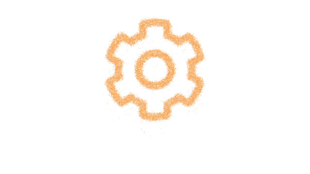 Icon cog is made of yellow grains of sand. Some grains of sand fall down. Transparent background. Black