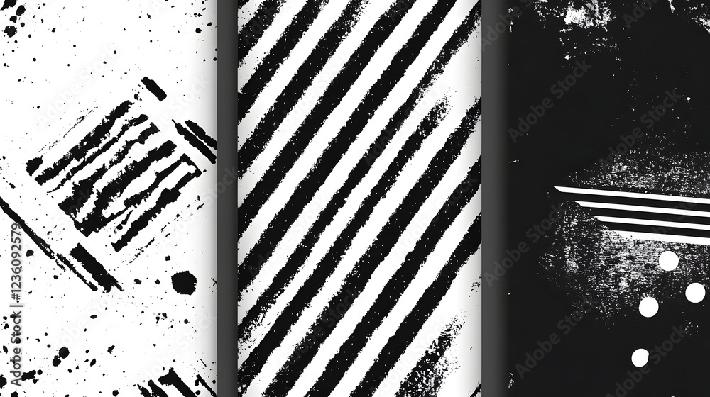 Aufkleber A striking abstract monochrome graphic design featuring bold diagonal stripes with a textured grungy effect and dramatic splashy brush marks creating a high contrast