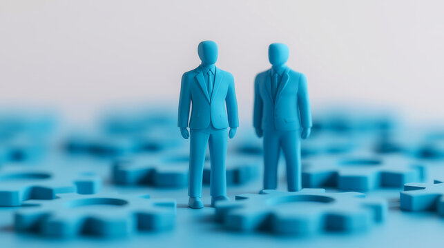 Two blue figurines in suits stand on a background of blue gears, symbolizing teamwork and collaboration in business settings.