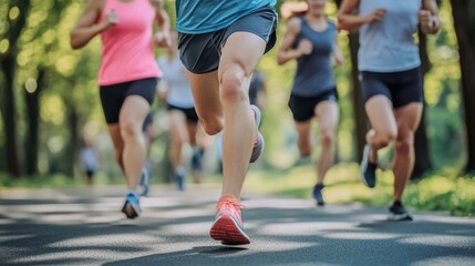 A group of people running down a road