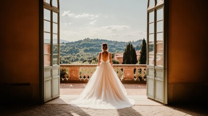 Bride, Tuscany villa, scenic view, wedding dress, balcony, doorway, sunlight, romance, Italy, pre-wedding photoshoot