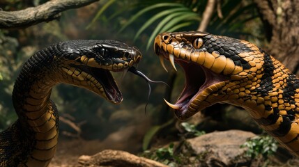 Obraz premium Intense Encounter Between Two Exotic Snakes in Lush Jungle Setting