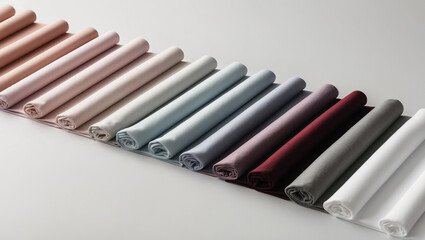 Assorted fabric rolls in pastel and bold colors arranged neatly for design inspiration in a creative workspace